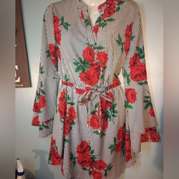 Blush striped floral tunic/mini dress with ruffle bell sleeve - Picture 6 of 11